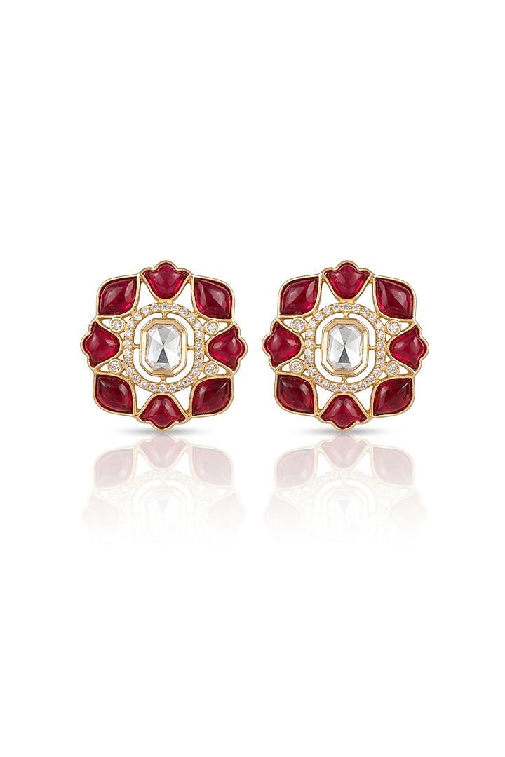 Gold Finish Red Kundan Polki Floral Stud Earrings by Joules By Radhika at Pernia's Pop Up Shop