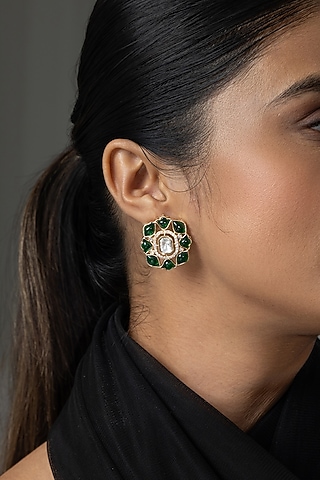Gold Finish Green Kundan Polki Floral Stud Earrings by Joules By Radhika