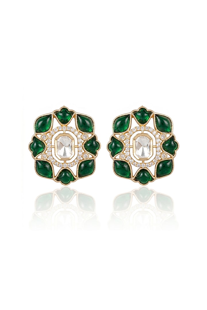 Gold Finish Green Kundan Polki Floral Stud Earrings by Joules By Radhika at Pernia's Pop Up Shop
