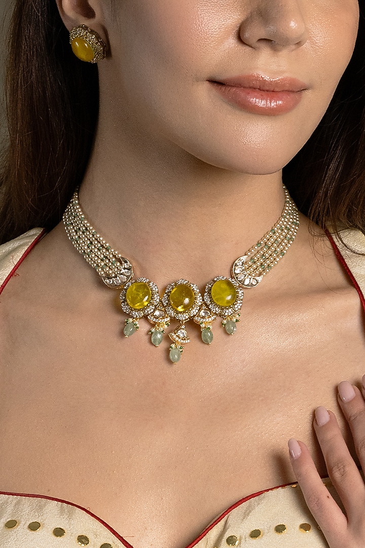 Gold Finish Kundan Polki & Yellow Stone Choker Necklace Set by Joules By Radhika at Pernia's Pop Up Shop