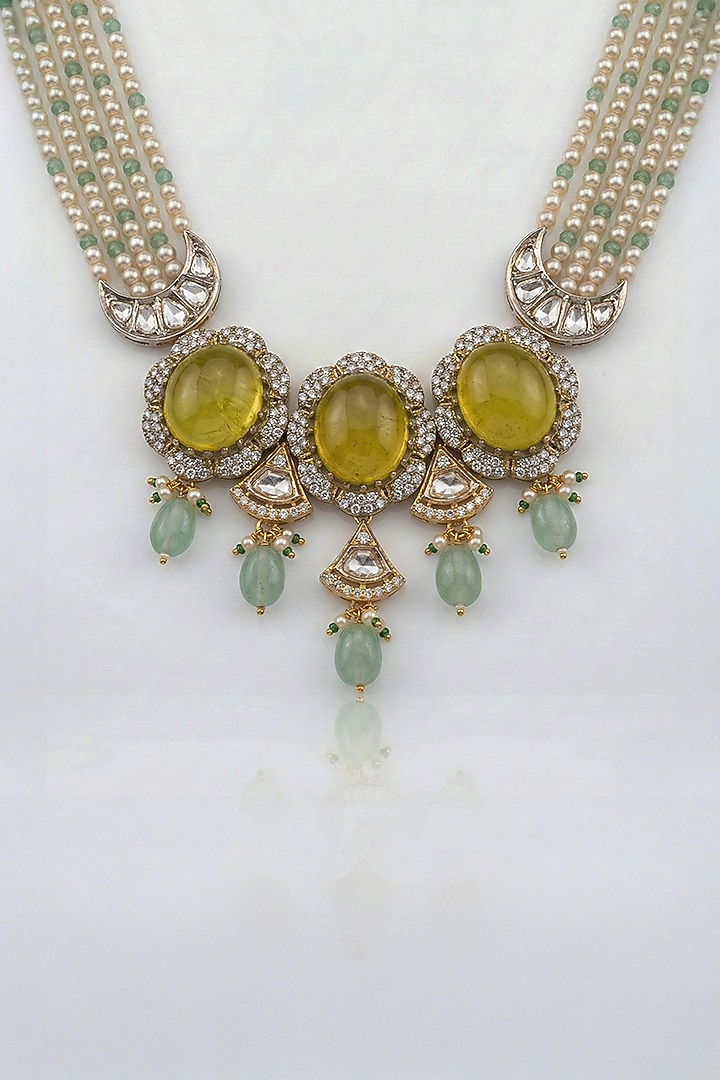 Gold Finish Kundan Polki & Yellow Stone Choker Necklace Set by Joules By Radhika at Pernia's Pop Up Shop