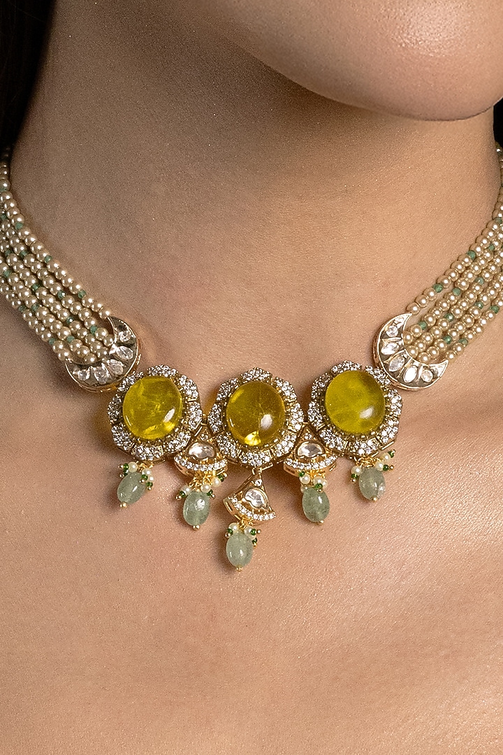Gold Finish Kundan Polki & Yellow Stone Choker Necklace Set by Joules By Radhika at Pernia's Pop Up Shop