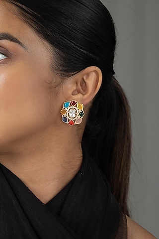 Gold Finish Multi-Colored Kundan Polki Floral Stud Earrings by Joules By Radhika