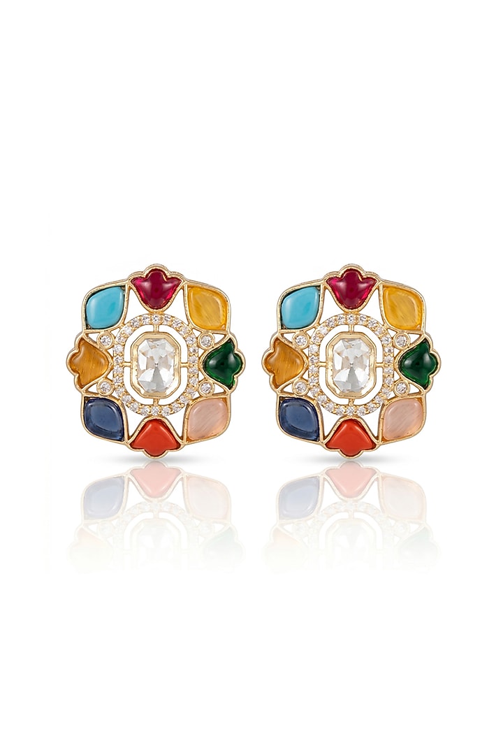 Gold Finish Multi-Colored Kundan Polki Floral Stud Earrings by Joules By Radhika at Pernia's Pop Up Shop