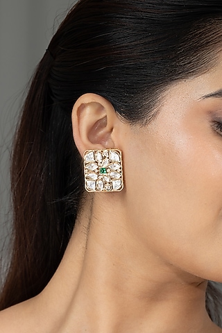 Gold Finish Kundan Polki & Green Stone Stud Earrings by Joules By Radhika
