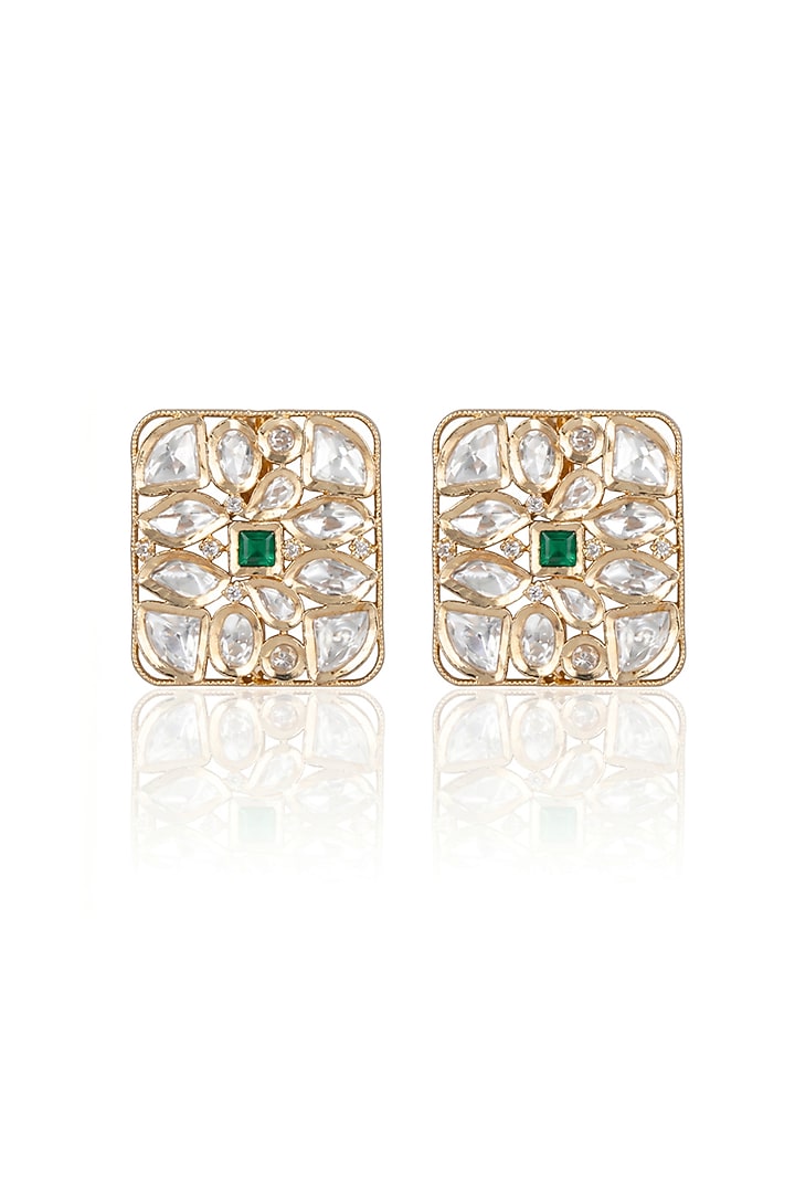 Gold Finish Kundan Polki & Green Stone Stud Earrings by Joules By Radhika at Pernia's Pop Up Shop