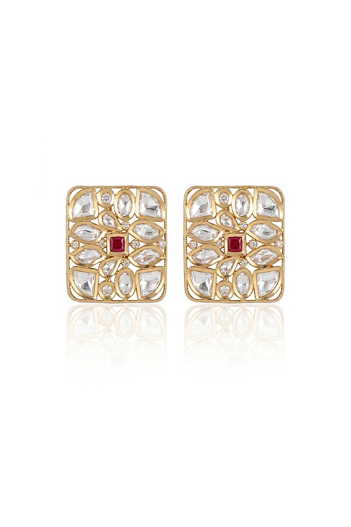 Gold Finish Kundan Polki & Red Stone Stud Earrings by Joules By Radhika at Pernia's Pop Up Shop