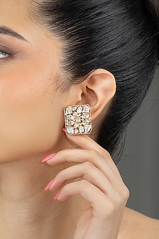 Gold Finish Kundan Polki & White Stone Stud Earrings by Joules By Radhika
