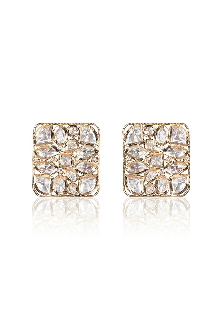 Gold Finish Kundan Polki & White Stone Stud Earrings by Joules By Radhika at Pernia's Pop Up Shop