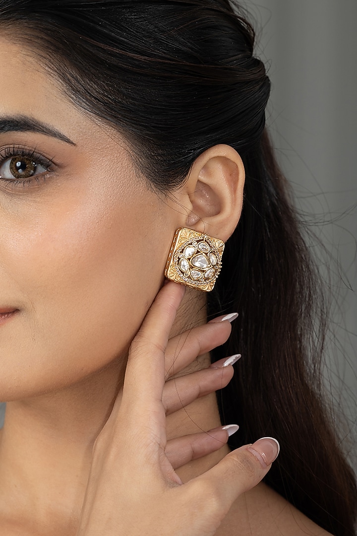 Gold Finish Kundan Polki Stud Earrings by Joules By Radhika at Pernia's Pop Up Shop