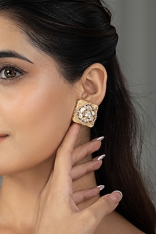 Gold Finish Kundan Polki Stud Earrings by Joules By Radhika