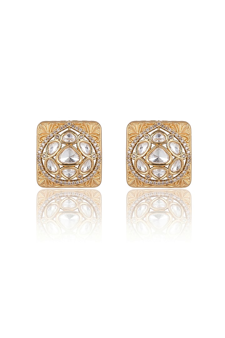 Gold Finish Kundan Polki Stud Earrings by Joules By Radhika at Pernia's Pop Up Shop