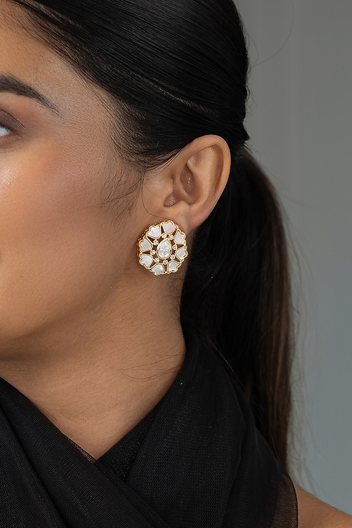 Gold Finish Kundan Polki Stud Earrings by Joules By Radhika at Pernia's Pop Up Shop