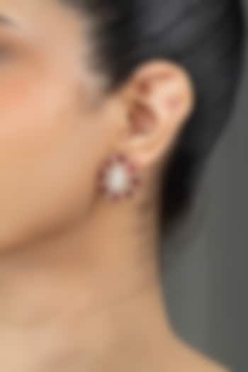 Gold Finish Red Kundan Polki Stud Earrings by Joules By Radhika at Pernia's Pop Up Shop