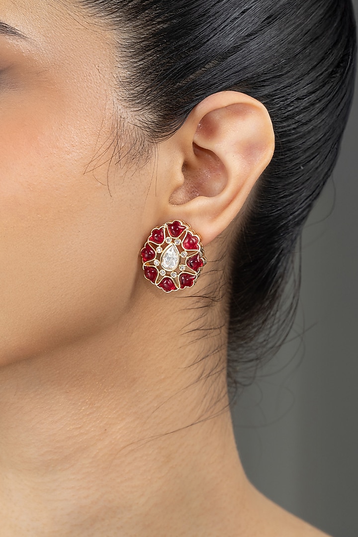 Gold Finish Red Kundan Polki Stud Earrings by Joules By Radhika at Pernia's Pop Up Shop
