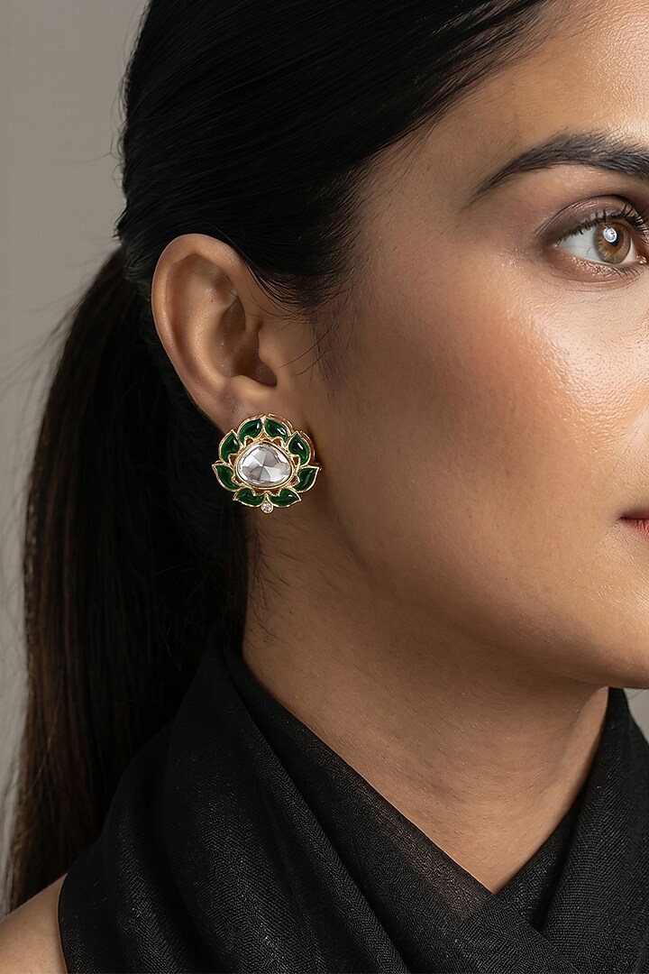 Gold Finish Green Kundan Polki Stud Earrings by Joules By Radhika at Pernia's Pop Up Shop