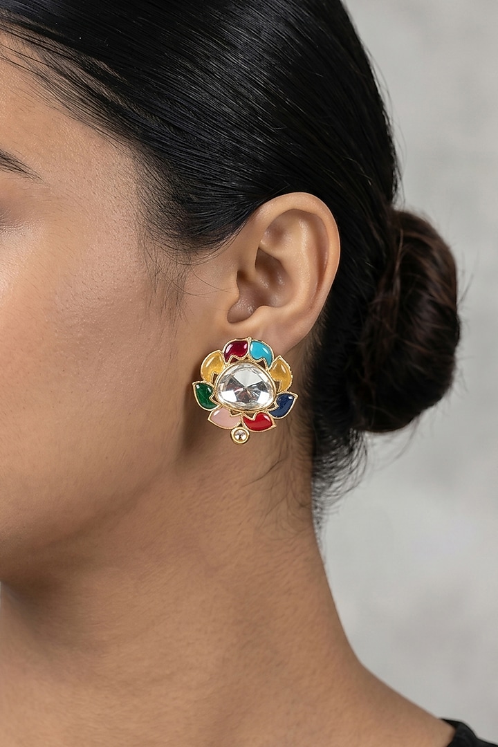 Gold Finish Multi-Colored Kundan Polki Stud Earrings by Joules By Radhika at Pernia's Pop Up Shop