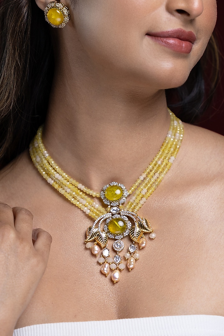 Gold Finish Kundan Polki & Yellow Beaded Long Necklace Set by Joules By Radhika at Pernia's Pop Up Shop