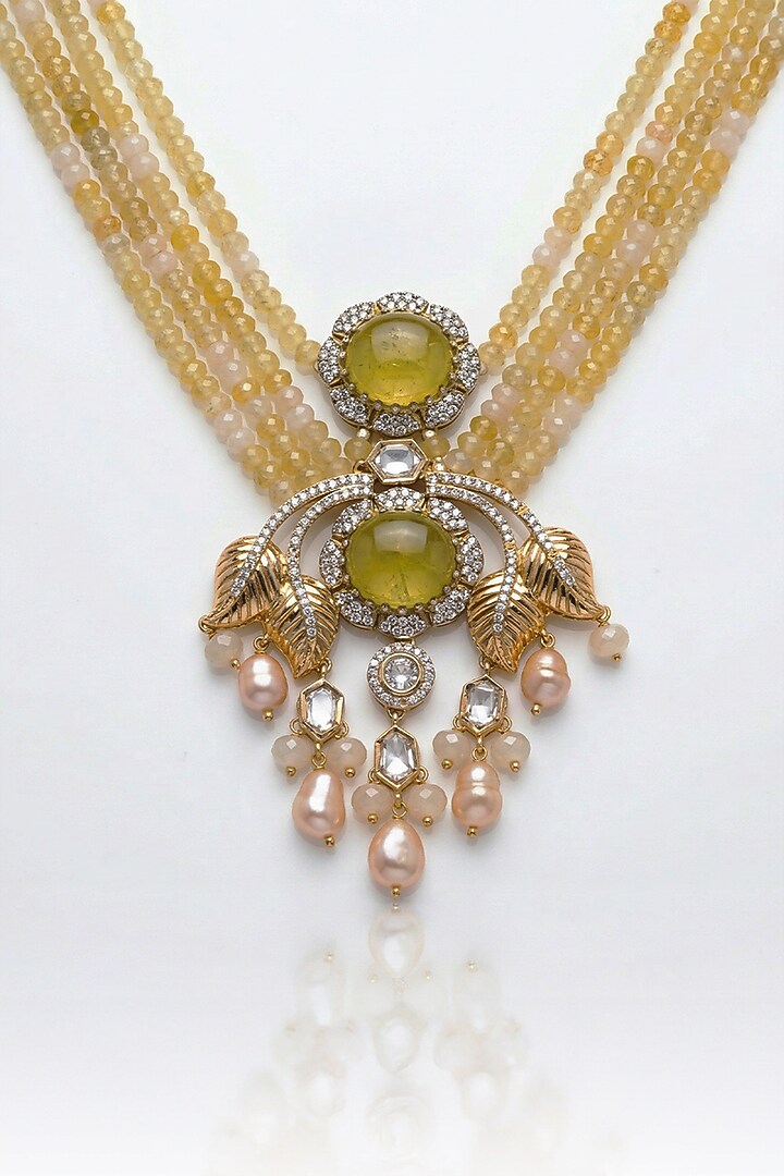 Gold Finish Kundan Polki & Yellow Beaded Long Necklace Set by Joules By Radhika at Pernia's Pop Up Shop