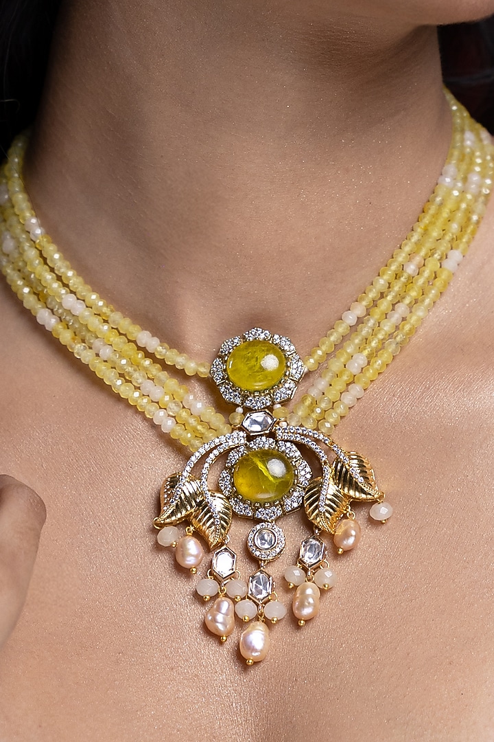 Gold Finish Kundan Polki & Yellow Beaded Long Necklace Set by Joules By Radhika at Pernia's Pop Up Shop