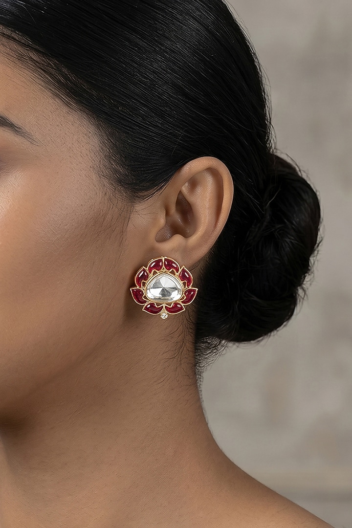 Gold Finish Red Kundan Polki Stud Earrings by Joules By Radhika at Pernia's Pop Up Shop