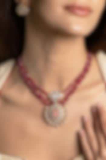 Gold Finish Kundan Polki & Ruby Beaded Long Necklace Set by Joules By Radhika at Pernia's Pop Up Shop