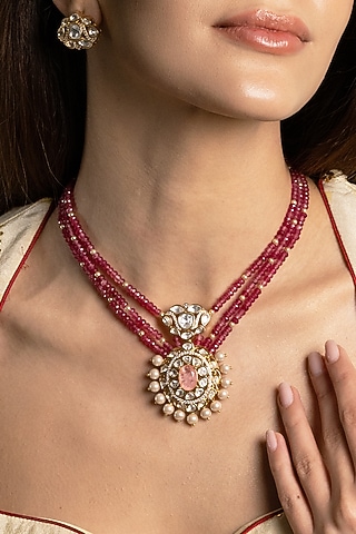 Gold Finish Kundan Polki & Ruby Beaded Long Necklace Set by Joules By Radhika