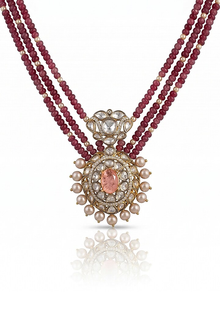 Gold Finish Kundan Polki & Ruby Beaded Long Necklace Set by Joules By Radhika at Pernia's Pop Up Shop