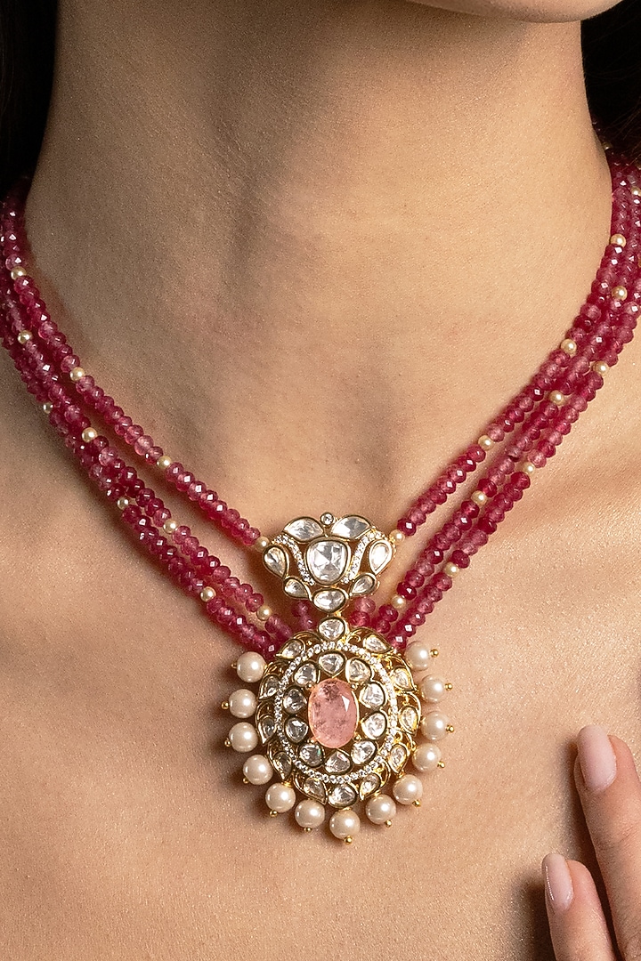 Gold Finish Kundan Polki & Ruby Beaded Long Necklace Set by Joules By Radhika at Pernia's Pop Up Shop