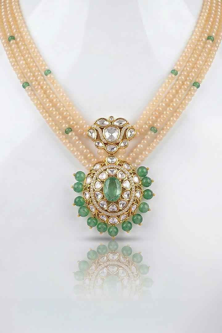 Gold Finish Kundan Polki & White Beaded Long Necklace Set by Joules By Radhika at Pernia's Pop Up Shop