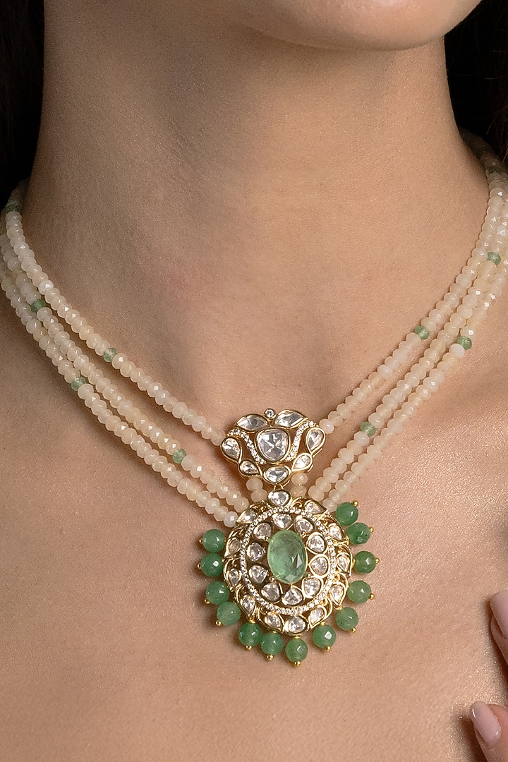 Gold Finish Kundan Polki & White Beaded Long Necklace Set by Joules By Radhika at Pernia's Pop Up Shop