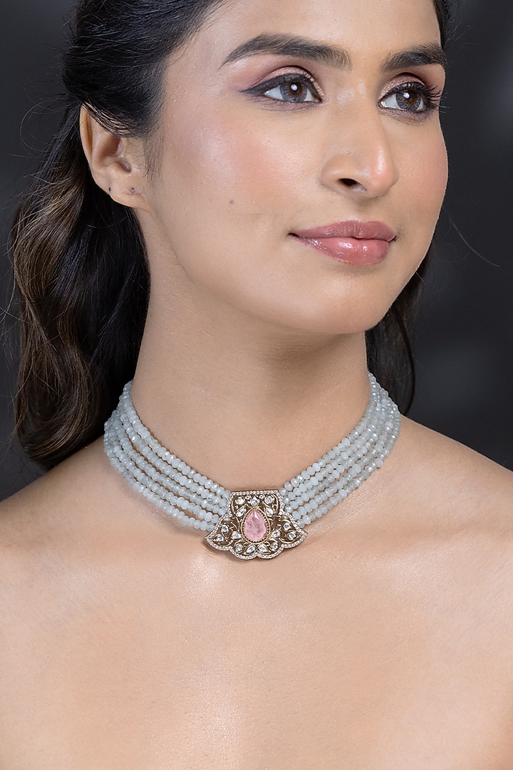 Gold Finish Pink Kundan Polki & White Beaded Choker Necklace by Joules By Radhika at Pernia's Pop Up Shop