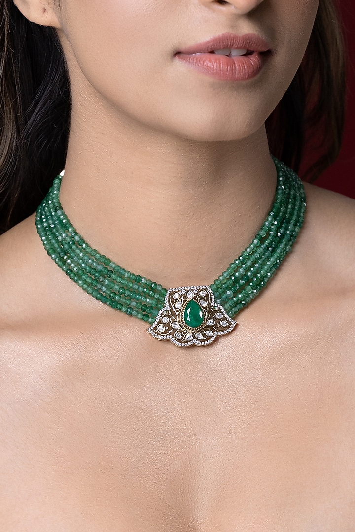 Gold Finish Green Kundan Polki & Beaded Choker Necklace by Joules By Radhika at Pernia's Pop Up Shop