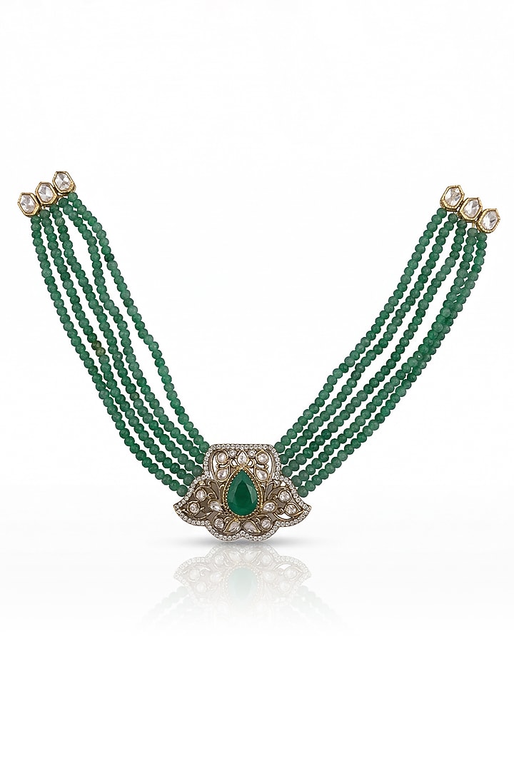 Gold Finish Green Kundan Polki & Beaded Choker Necklace by Joules By Radhika at Pernia's Pop Up Shop