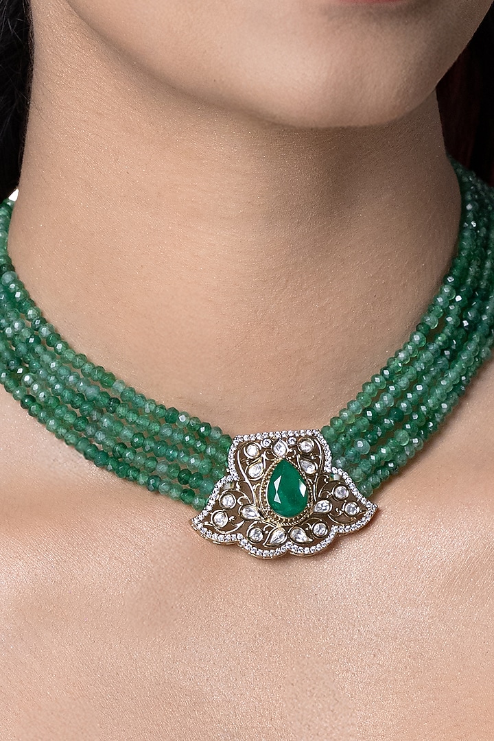 Gold Finish Green Kundan Polki & Beaded Choker Necklace by Joules By Radhika at Pernia's Pop Up Shop