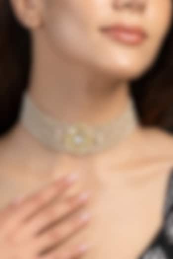Gold Finish Kundan Polki & Pink Beaded Choker Necklace by Joules By Radhika at Pernia's Pop Up Shop