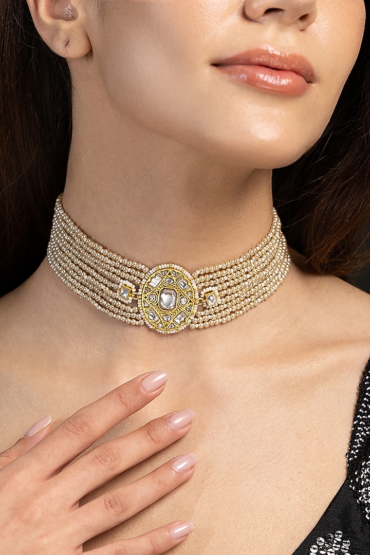 Gold Finish Kundan Polki & Pink Beaded Choker Necklace by Joules By Radhika at Pernia's Pop Up Shop