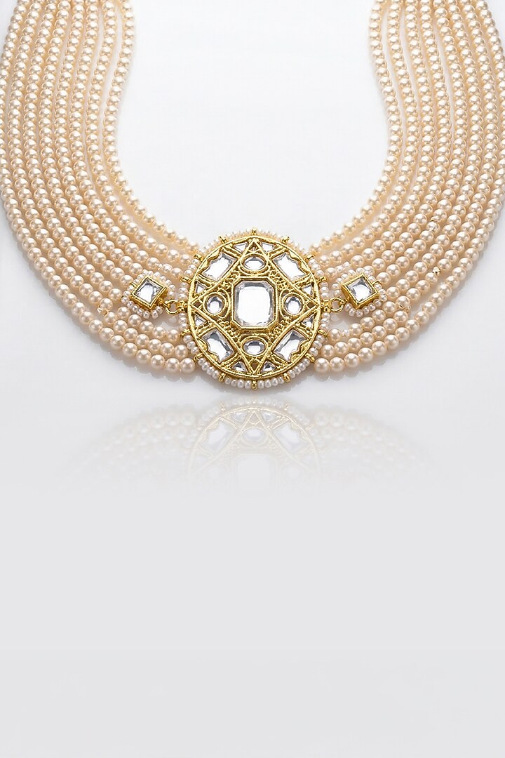 Gold Finish Kundan Polki & Pink Beaded Choker Necklace by Joules By Radhika at Pernia's Pop Up Shop