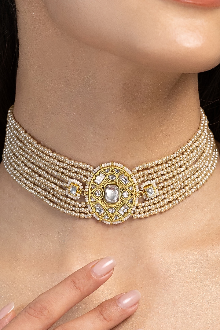 Gold Finish Kundan Polki & Pink Beaded Choker Necklace by Joules By Radhika at Pernia's Pop Up Shop