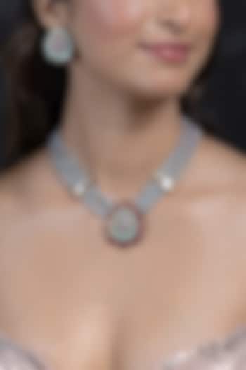 Gold Finish Kundan Polki & Mint Green Beaded Long Necklace Set by Joules By Radhika at Pernia's Pop Up Shop