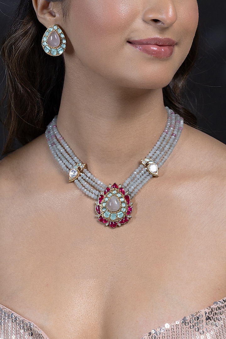 Gold Finish Kundan Polki & Mint Green Beaded Long Necklace Set by Joules By Radhika at Pernia's Pop Up Shop