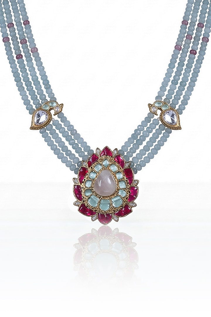 Gold Finish Kundan Polki & Mint Green Beaded Long Necklace Set by Joules By Radhika at Pernia's Pop Up Shop