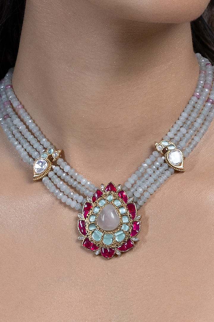 Gold Finish Kundan Polki & Mint Green Beaded Long Necklace Set by Joules By Radhika at Pernia's Pop Up Shop