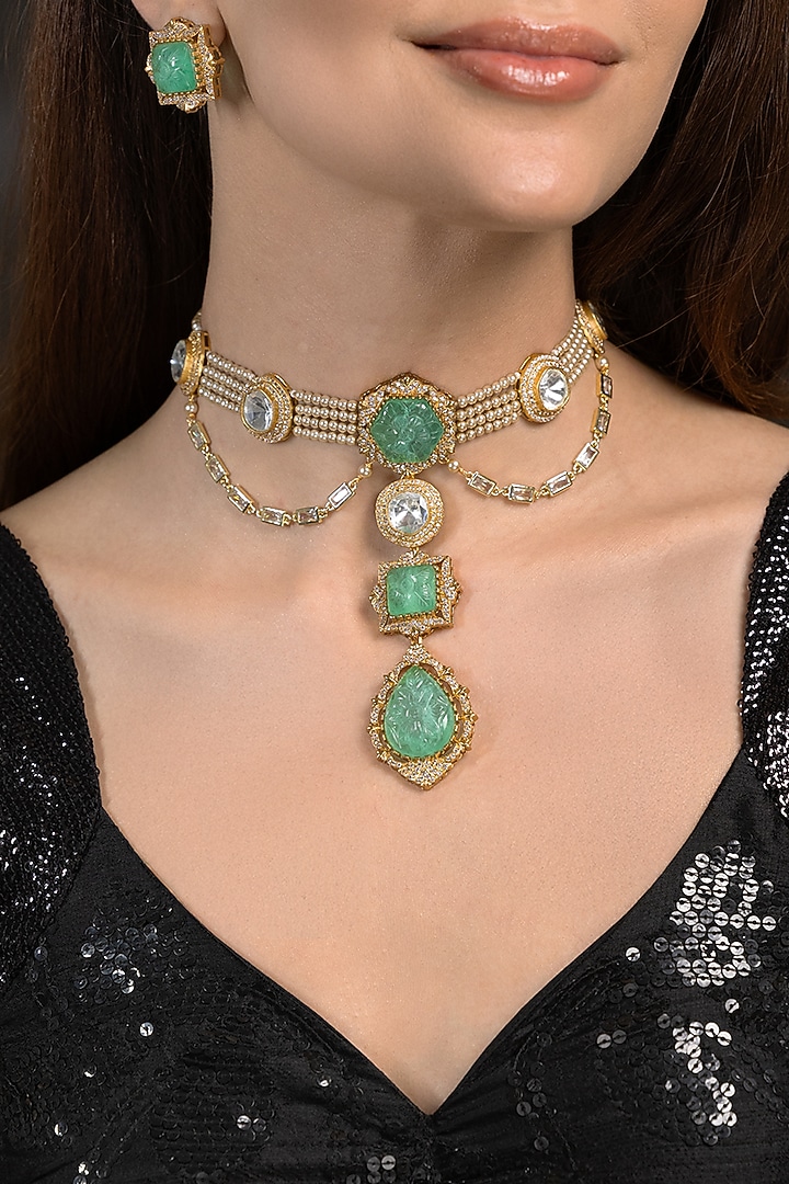 Gold Finish Kundan Polki & Green Stone Choker Necklace Set by Joules By Radhika at Pernia's Pop Up Shop