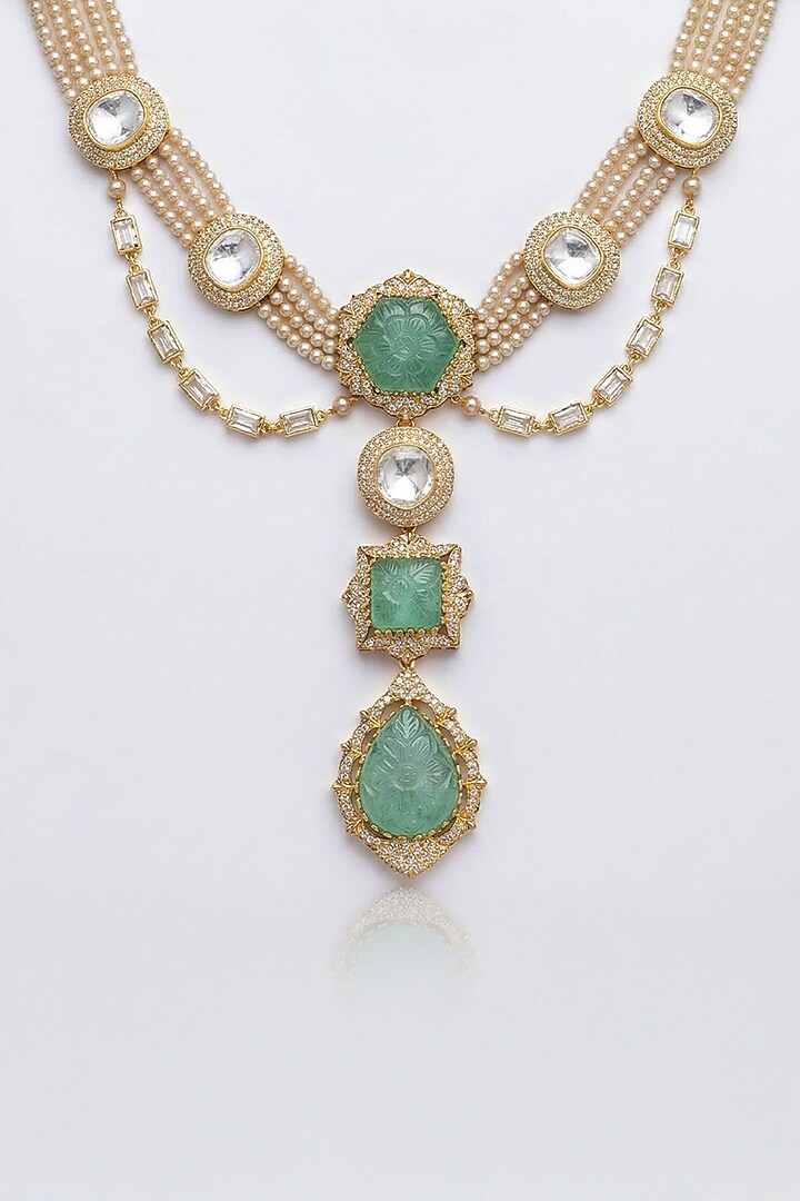 Gold Finish Kundan Polki & Green Stone Choker Necklace Set by Joules By Radhika at Pernia's Pop Up Shop