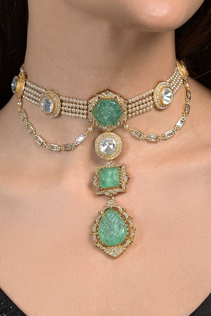 Gold Finish Kundan Polki & Green Stone Choker Necklace Set by Joules By Radhika at Pernia's Pop Up Shop