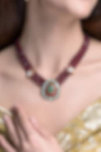 Gold Finish Kundan Polki & Ruby Beaded Choker Necklace Set by Joules By Radhika at Pernia's Pop Up Shop