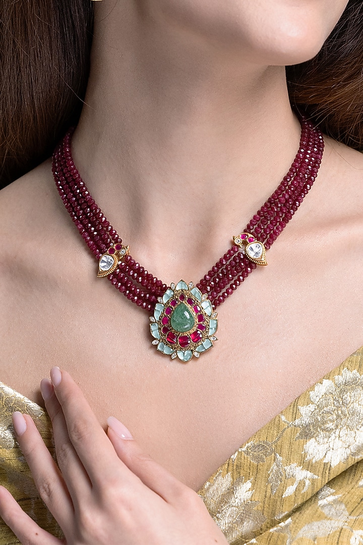 Gold Finish Kundan Polki & Ruby Beaded Choker Necklace Set by Joules By Radhika at Pernia's Pop Up Shop