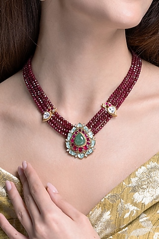 Gold Finish Kundan Polki & Ruby Beaded Choker Necklace Set by Joules By Radhika