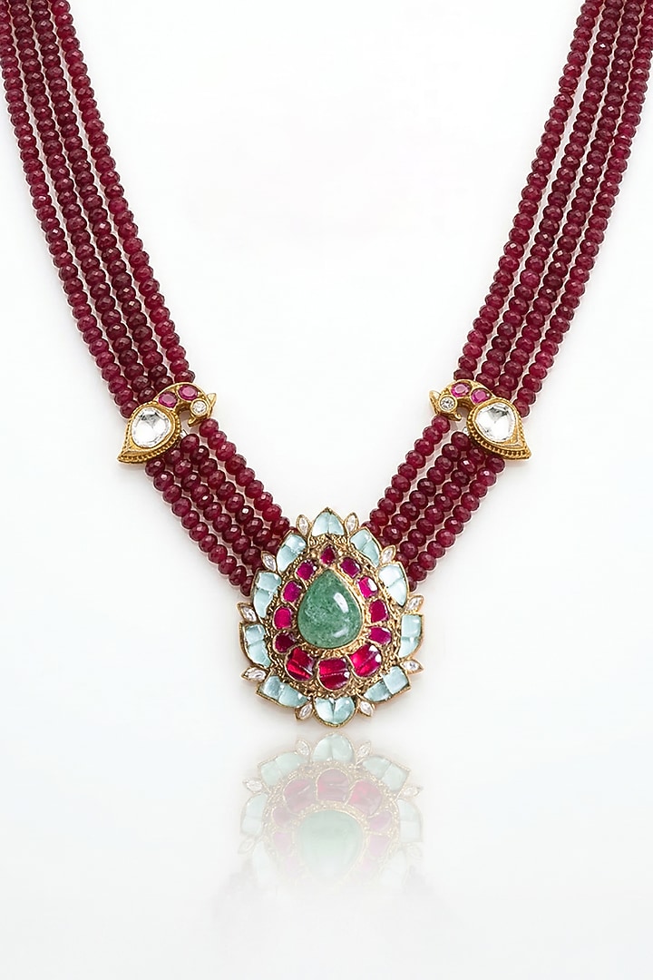 Gold Finish Kundan Polki & Ruby Beaded Choker Necklace Set by Joules By Radhika at Pernia's Pop Up Shop